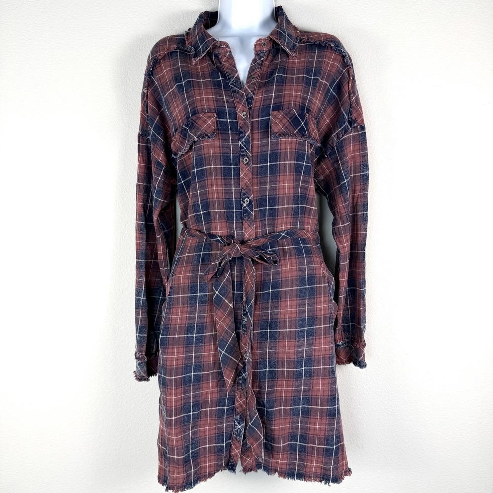 Plaid Button Up Shirt Dress Womens Large Distressed Country Western Heritage